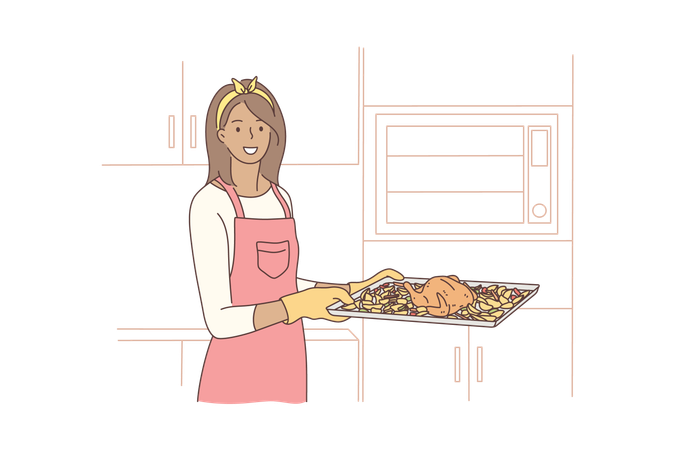 Femme tenant un plateau chaud poulet cuit au four  Illustration