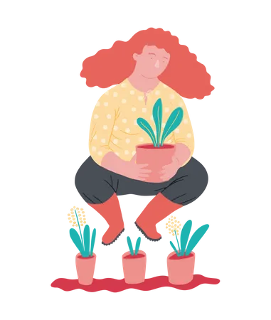 Femme tenant un pot de plante  Illustration