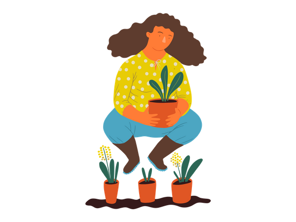 Femme tenant un pot de plante  Illustration