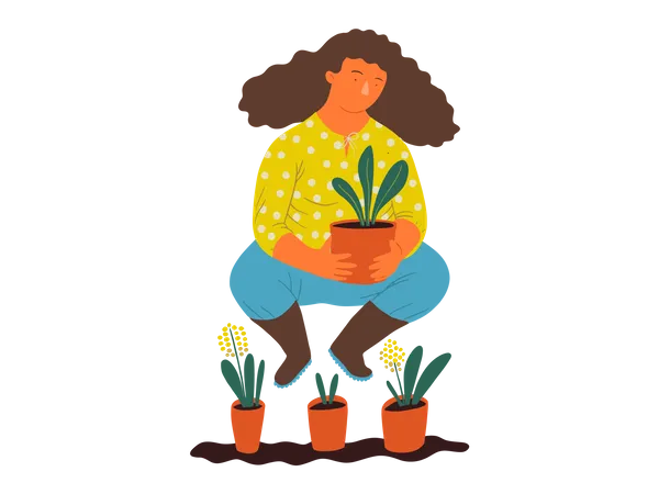 Femme tenant un pot de plante  Illustration