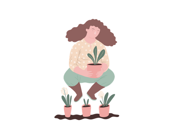 Femme tenant un pot de plante  Illustration