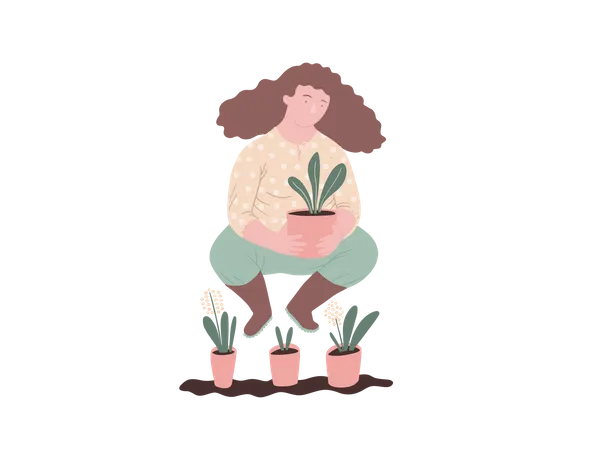 Femme tenant un pot de plante  Illustration