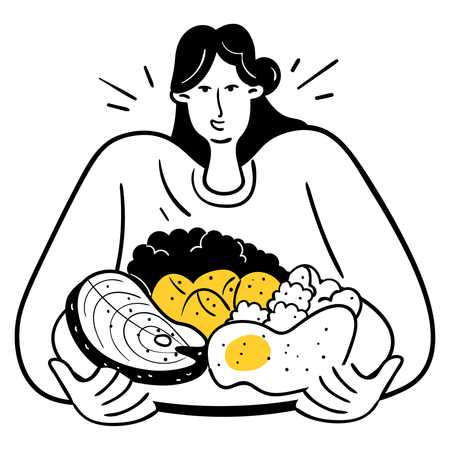 Femme tenant une assiette de régime équilibré  Illustration