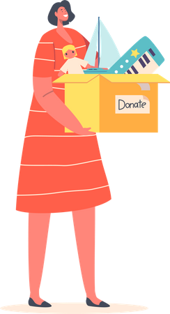 Femme tenant une boîte avec des jouets donnés  Illustration