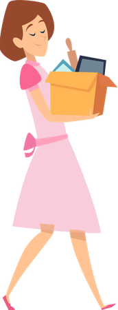 Femme tenant une boîte avec des trucs de maison  Illustration