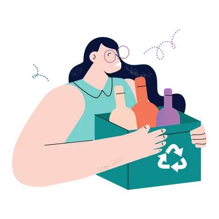 Femme tenant une boîte de recyclage de bouteilles  Illustration