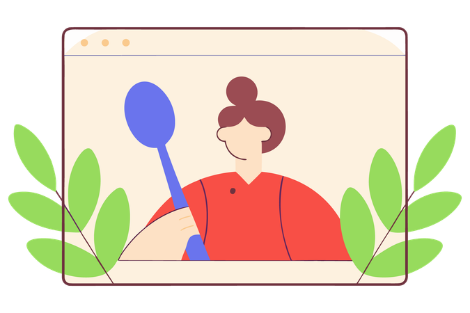 Femme tenant une cuillère dans un cadre numérique avec des feuilles  Illustration