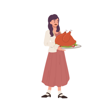 Femme tenant une dinde rôtie pour le dîner de Thanksgiving  Illustration