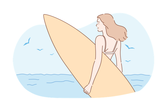 Femme tenant une planche de surf  Illustration