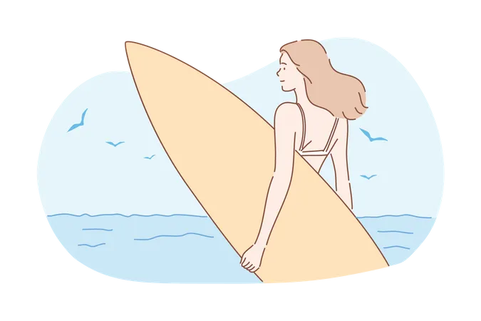 Femme tenant une planche de surf  Illustration