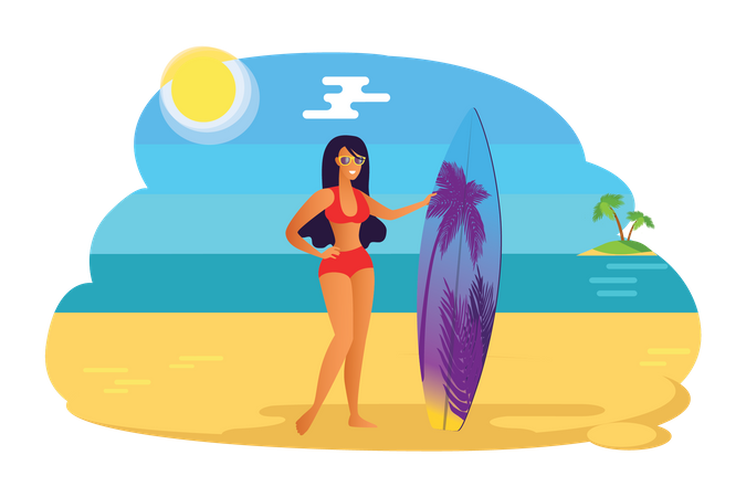 Tenue femme, planche surf  Illustration