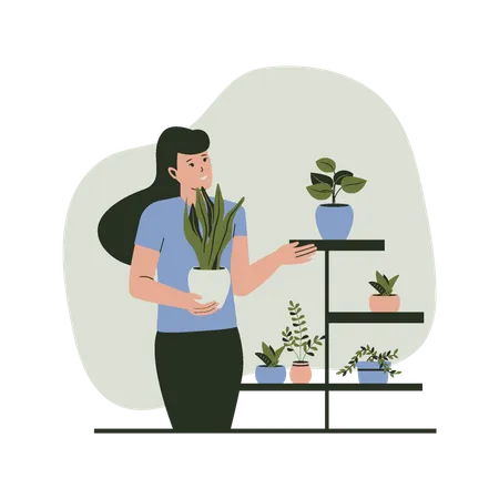 Femme tenant une plante en pot  Illustration