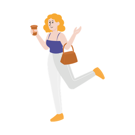 Femme tenant une tasse de café et un sac à main  Illustration