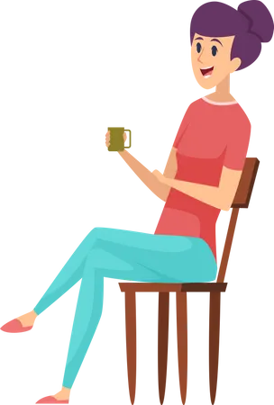 Femme tenant une tasse de café alors qu'elle était assise sur une chaise  Illustration