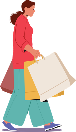 Femme à la mode et accro au shopping marchant avec des sacs de courses  Illustration