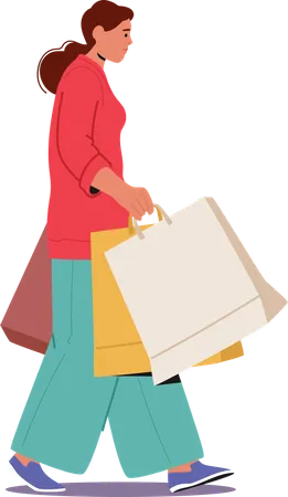 Femme à la mode et accro au shopping marchant avec des sacs de courses  Illustration