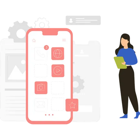 Femme testant la conception d’une application mobile  Illustration