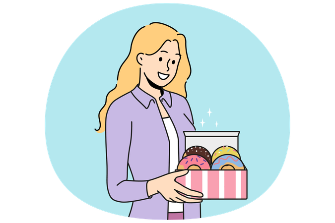 Une femme tient des beignets dans une boîte et propose un petit-déjeuner composé de pâtisseries sucrées avec un glaçage aux fruits ou au chocolat  Illustration