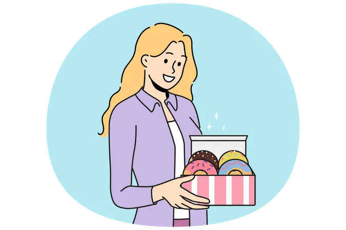 Une femme tient des beignets dans une boîte et propose un petit-déjeuner composé de pâtisseries sucrées avec un glaçage aux fruits ou au chocolat  Illustration