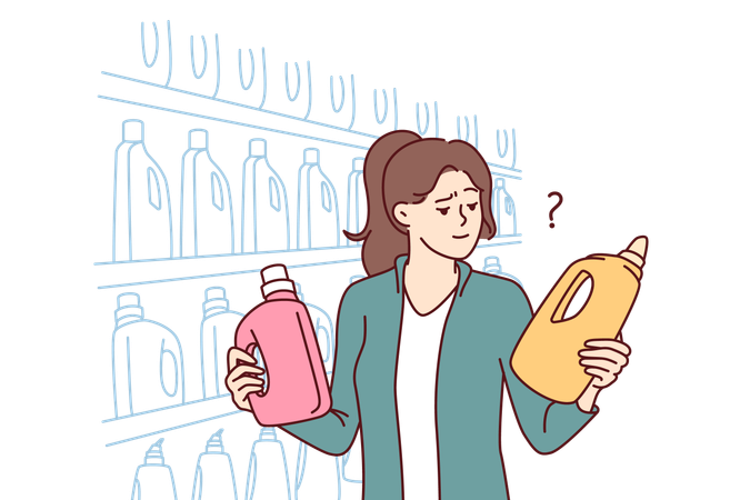 Une femme tient des bouteilles de détergent à lessive dans un supermarché  Illustration