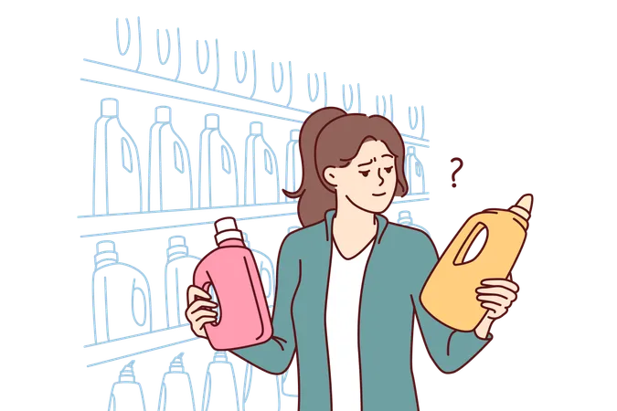 Une femme tient des bouteilles de détergent à lessive dans un supermarché  Illustration