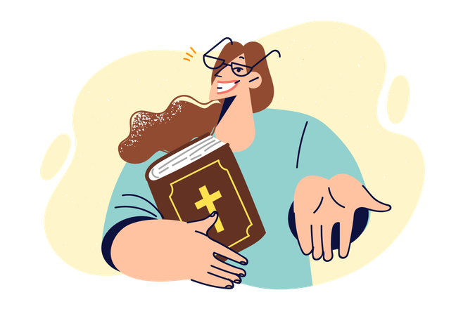 Une femme tient la Bible et invite à l'église  Illustration