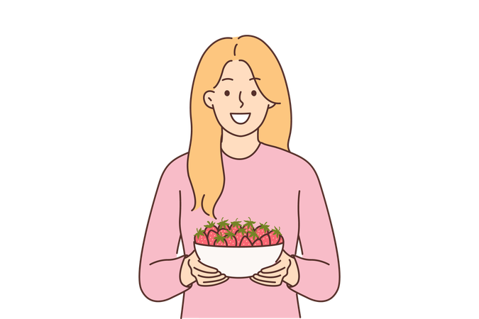 Femme tient un bol de fraises  Illustration