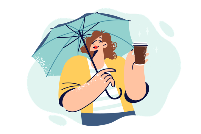 Femme tient une tasse en papier avec du café à emporter et un parapluie  Illustration