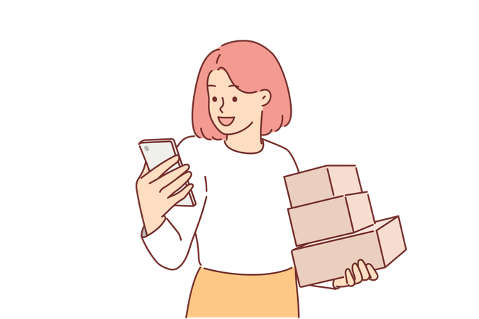 Une femme tient un téléphone et des cartons livrés par courrier  Illustration