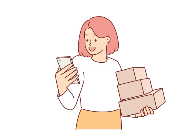 Une femme tient un téléphone et des cartons livrés par courrier  Illustration