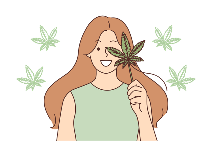 Femme tient une feuille de cannabis  Illustration