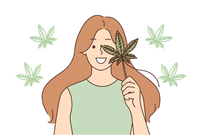 Femme tient une feuille de cannabis  Illustration