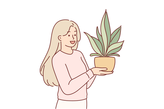 Femme tient une plante d'intérieur en pot  Illustration