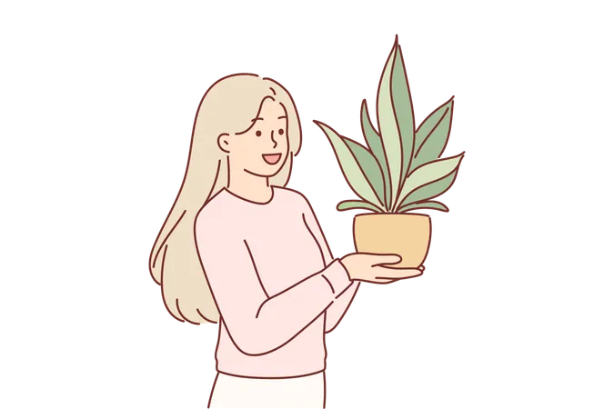 Femme tient une plante d'intérieur en pot  Illustration