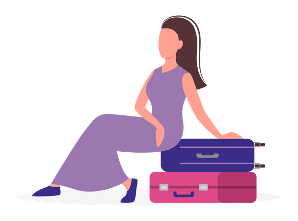 Touriste féminine assise sur une valise  Illustration