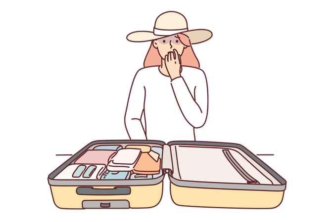 Femme touriste avec valise de voyage et inquiète de perdre de l'argent  Illustration