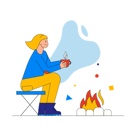 Femme touristique buvant du café et assise près d'un feu de camp  Illustration