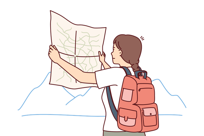 Une touriste regarde la carte en choisissant l'itinéraire du voyage  Illustration