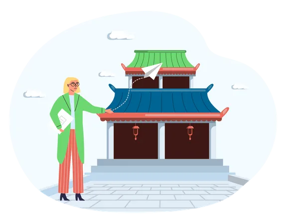 Une touriste se tient à côté d'un temple en bois  Illustration