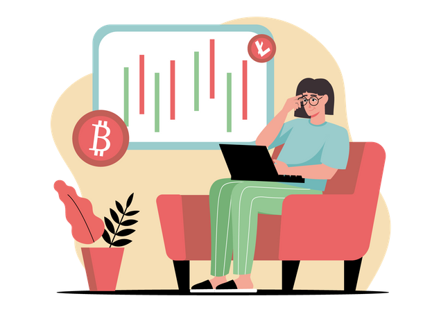 Femme échangeant des crypto-monnaies en ligne  Illustration