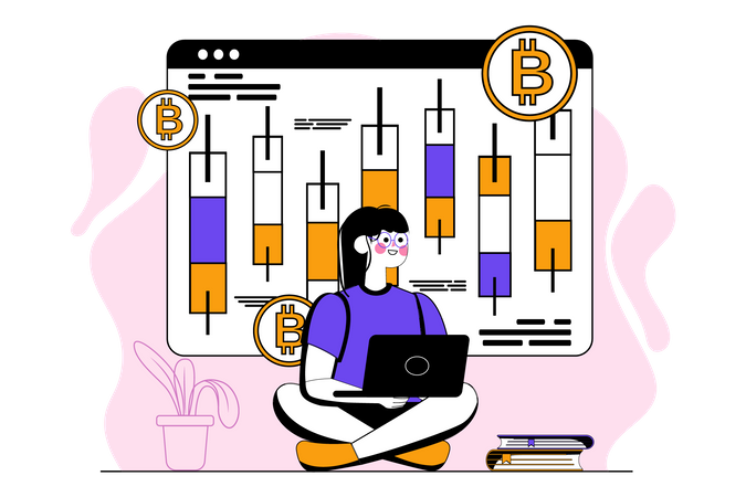 Femme négociant à l'aide d'un chandelier Bitcoin  Illustration