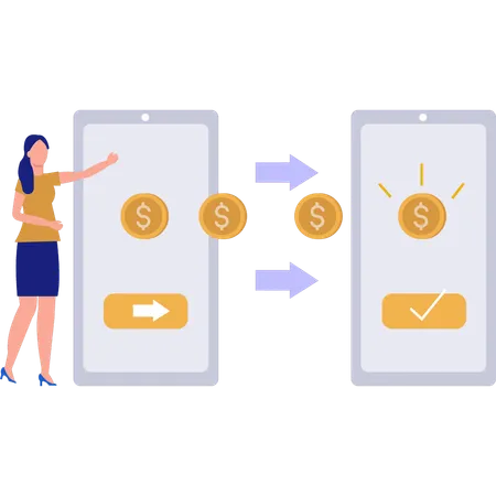 Femme transférant de l'argent sur des mobiles  Illustration