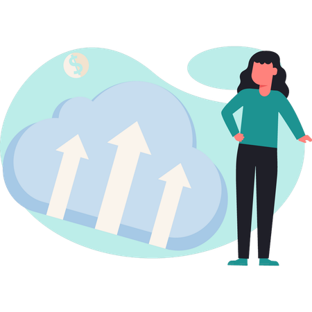 Une femme transfère des données dans le cloud  Illustration