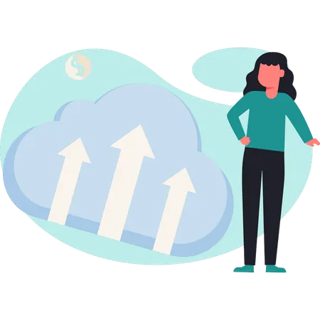 Une femme transfère des données dans le cloud  Illustration