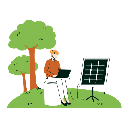 Femme travaillant à l'extérieur avec un panneau solaire, technologie verte  Illustration