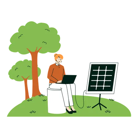 Femme travaillant à l'extérieur avec un panneau solaire, technologie verte  Illustration