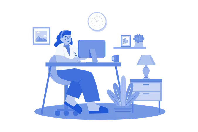 Femme travaillant à son bureau à la maison  Illustration