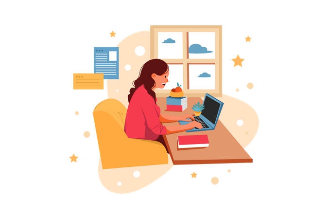 Femme travaillant à son bureau à la maison  Illustration