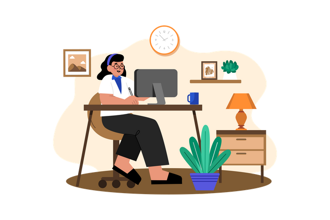 Femme travaillant à son bureau à la maison  Illustration