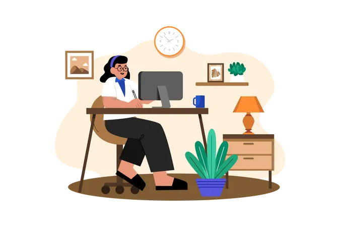 Femme travaillant à son bureau à la maison  Illustration